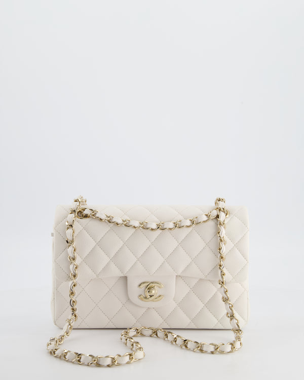*RARE COLOUR* Chanel Small Classic Double Flap Bag in White Caviar Leather with Champagne Gold Hardware