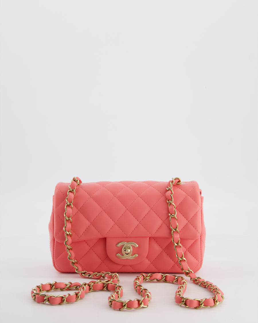 Chanel Classic Mini Rectangular Flap Bag in Hot Pink Lambskin Leather with Champagne Gold Hardware