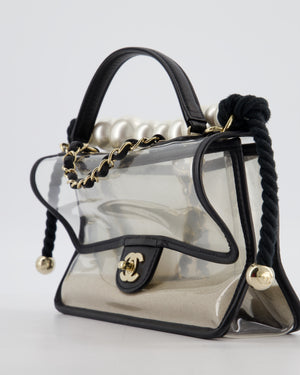 Chanel Black & PVC Coco Sand Medium Flap Bag with Pearl Strap and Champagne Gold Hardware