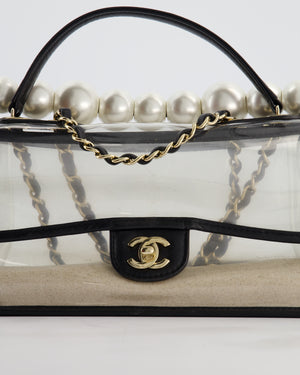 Chanel Black & PVC Coco Sand Medium Flap Bag with Pearl Strap and Champagne Gold Hardware