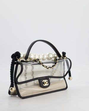 Chanel Black & PVC Coco Sand Medium Flap Bag with Pearl Strap and Champagne Gold Hardware