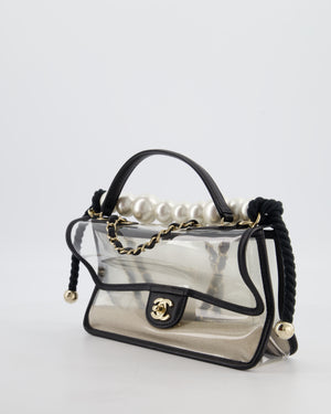 Chanel Black & PVC Coco Sand Medium Flap Bag with Pearl Strap and Champagne Gold Hardware