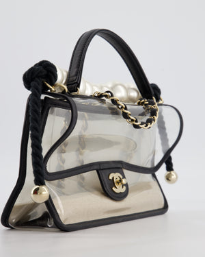 Chanel Black & PVC Coco Sand Medium Flap Bag with Pearl Strap and Champagne Gold Hardware