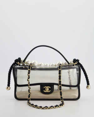 Chanel Black & PVC Coco Sand Medium Flap Bag with Pearl Strap and Champagne Gold Hardware