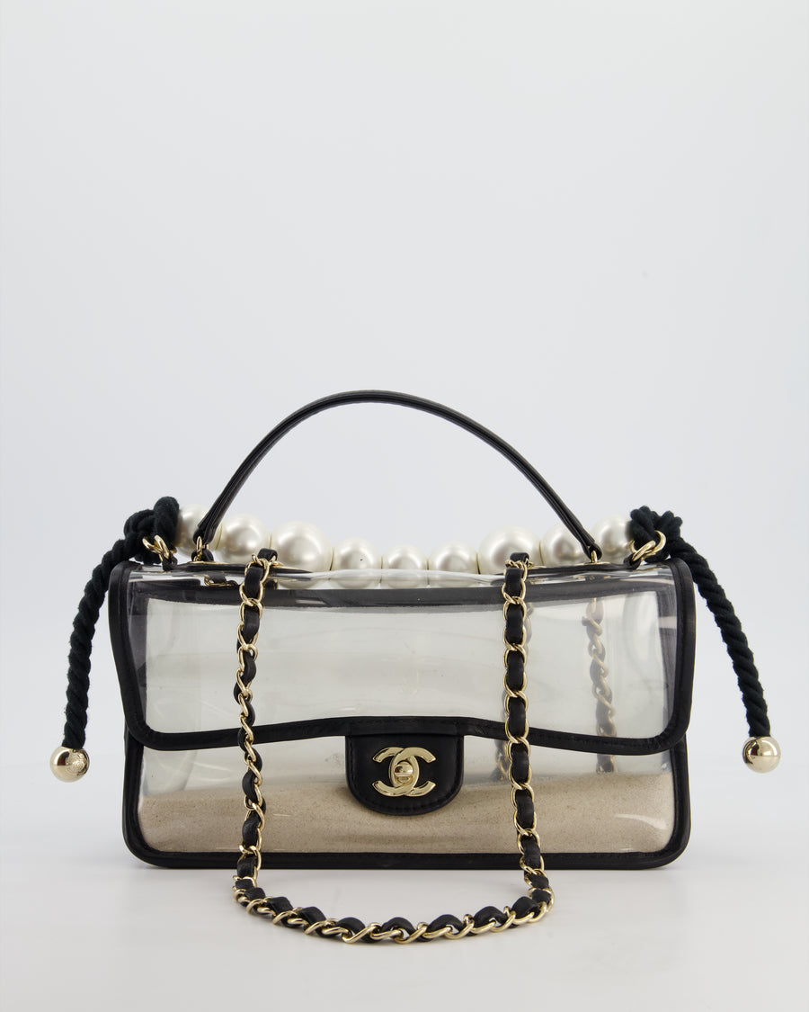 Chanel Black & PVC Coco Sand Medium Flap Bag with Pearl Strap and Champagne Gold Hardware