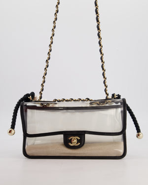 Chanel Black & PVC Coco Sand Medium Flap Bag with Pearl Strap and Champagne Gold Hardware