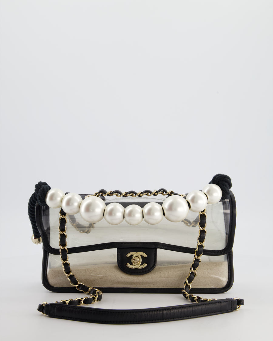 Chanel Black & PVC Coco Sand Medium Flap Bag with Pearl Strap and Champagne Gold Hardware