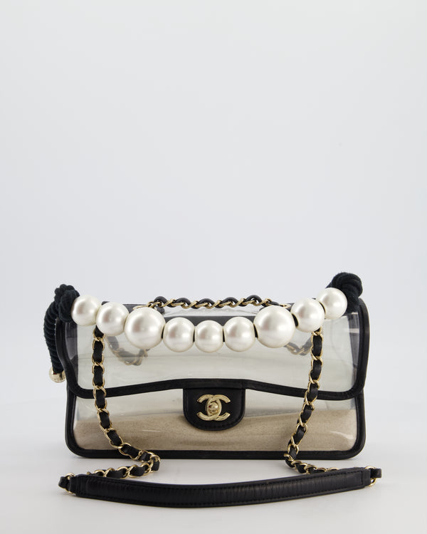 Chanel Black & PVC Coco Sand Medium Flap Bag with Pearl Strap and Champagne Gold Hardware