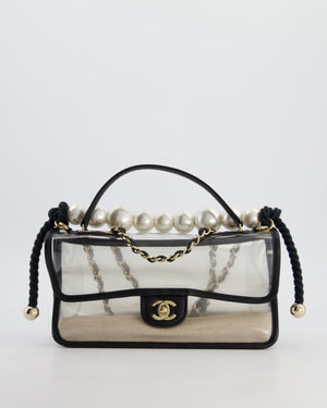 Chanel Black & PVC Coco Sand Medium Flap Bag with Pearl Strap and Champagne Gold Hardware