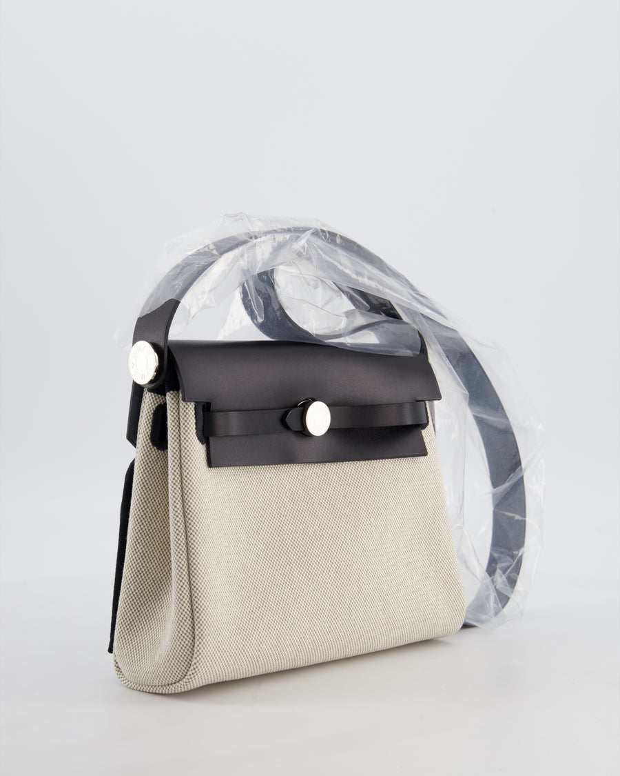*NEW RELEASE & RARE* Hermès Herbag Zip 20 Bag in Ecru & Vert Amande Viking Toile H Canvas & Noir Vache Hunter Leather with Palladium Hardware