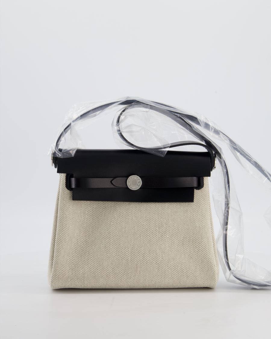 *NEW RELEASE & RARE* Hermès Herbag Zip 20 Bag in Ecru & Vert Amande Viking Toile H Canvas & Noir Vache Hunter Leather with Palladium Hardware