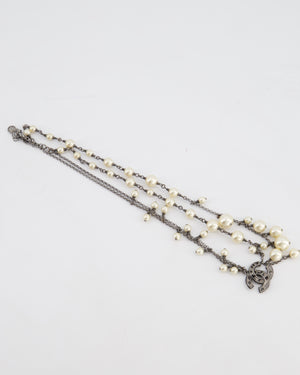 Chanel 10/A Grey Ruthenium Pearl CC Double Chain Necklace