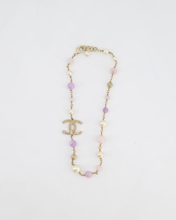 Chanel 12/P Champagne Gold Pearl and Glass CC Diamanté Necklace
