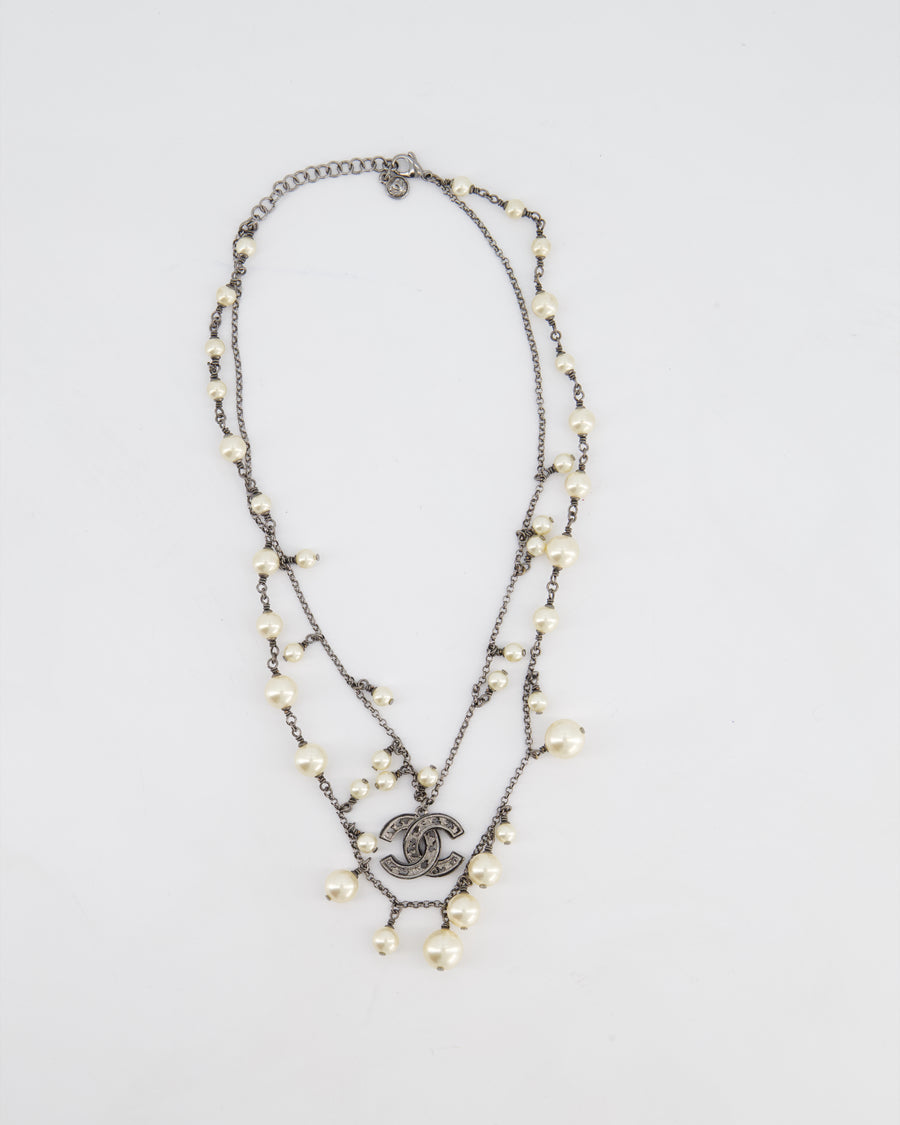 Chanel 10/A Grey Ruthenium Pearl CC Double Chain Necklace