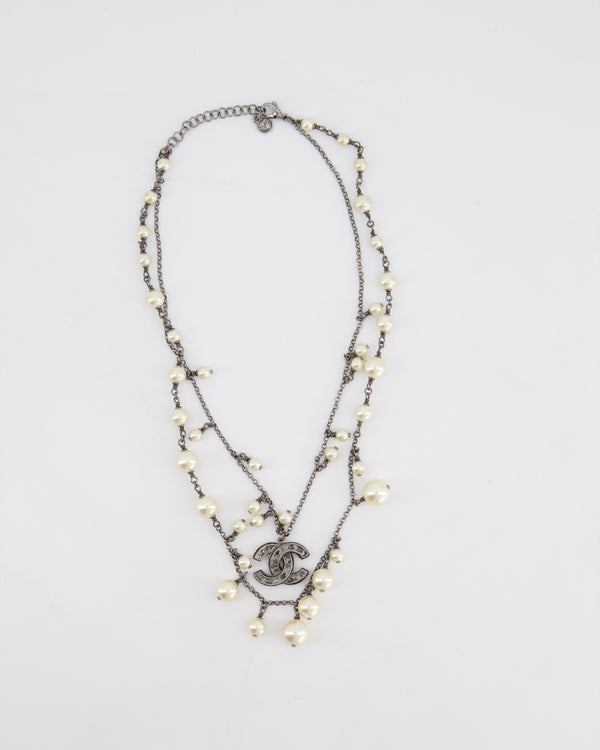 Chanel 10/A Grey Ruthenium Pearl CC Double Chain Necklace