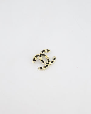 Chanel 25A Black Leather & Champagne Gold Chain CC Logo Brooch with Crystal and Pearl Details
