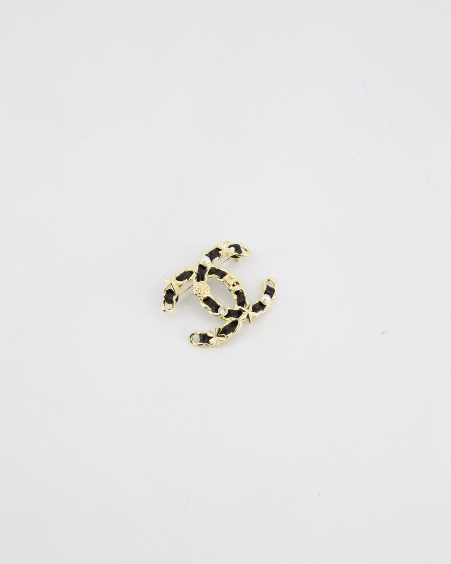 Chanel 25A Black Leather & Champagne Gold Chain CC Logo Brooch with Crystal and Pearl Details
