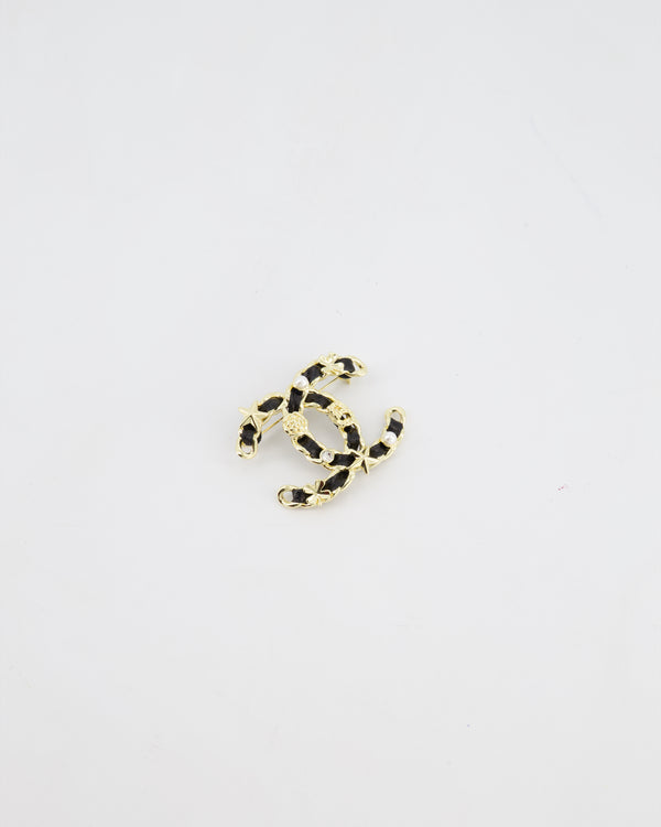 Chanel 25A Black Leather & Champagne Gold Chain CC Logo Brooch with Crystal and Pearl Details