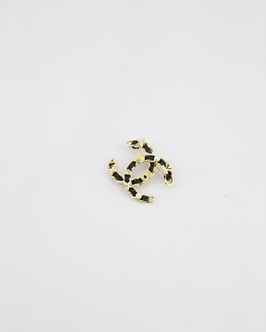 Chanel 25A Black Leather & Champagne Gold Chain CC Logo Brooch with Crystal and Pearl Details