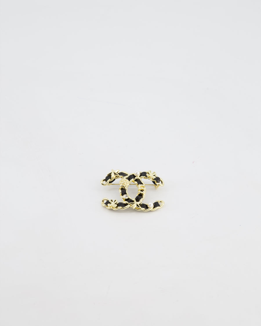 Chanel 25A Black Leather & Champagne Gold Chain CC Logo Brooch with Crystal and Pearl Details