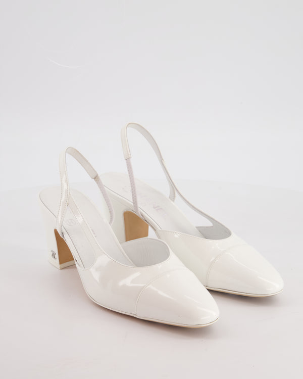 Chanel 22/B White Patent Leather Slingback Heels Size EU 38