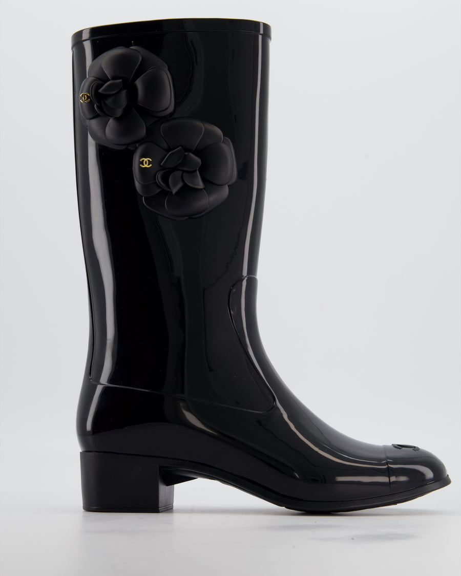 Chanel 10/A Black CC Camellia Rain Boots Size EU 38