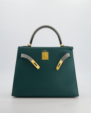 Hermès HSS Kelly 28 Sellier Bag in Malachite and Gris Mouette Togo Leather with Brushed Gold Hardware