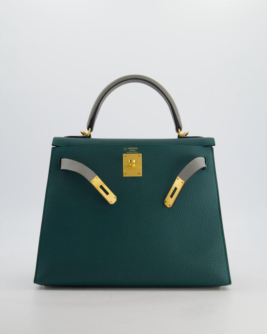 Hermès HSS Kelly 28 Sellier Bag in Malachite and Gris Mouette Togo Leather with Brushed Gold Hardware