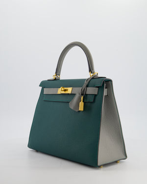 Hermès HSS Kelly 28 Sellier Bag in Malachite and Gris Mouette Togo Leather with Brushed Gold Hardware