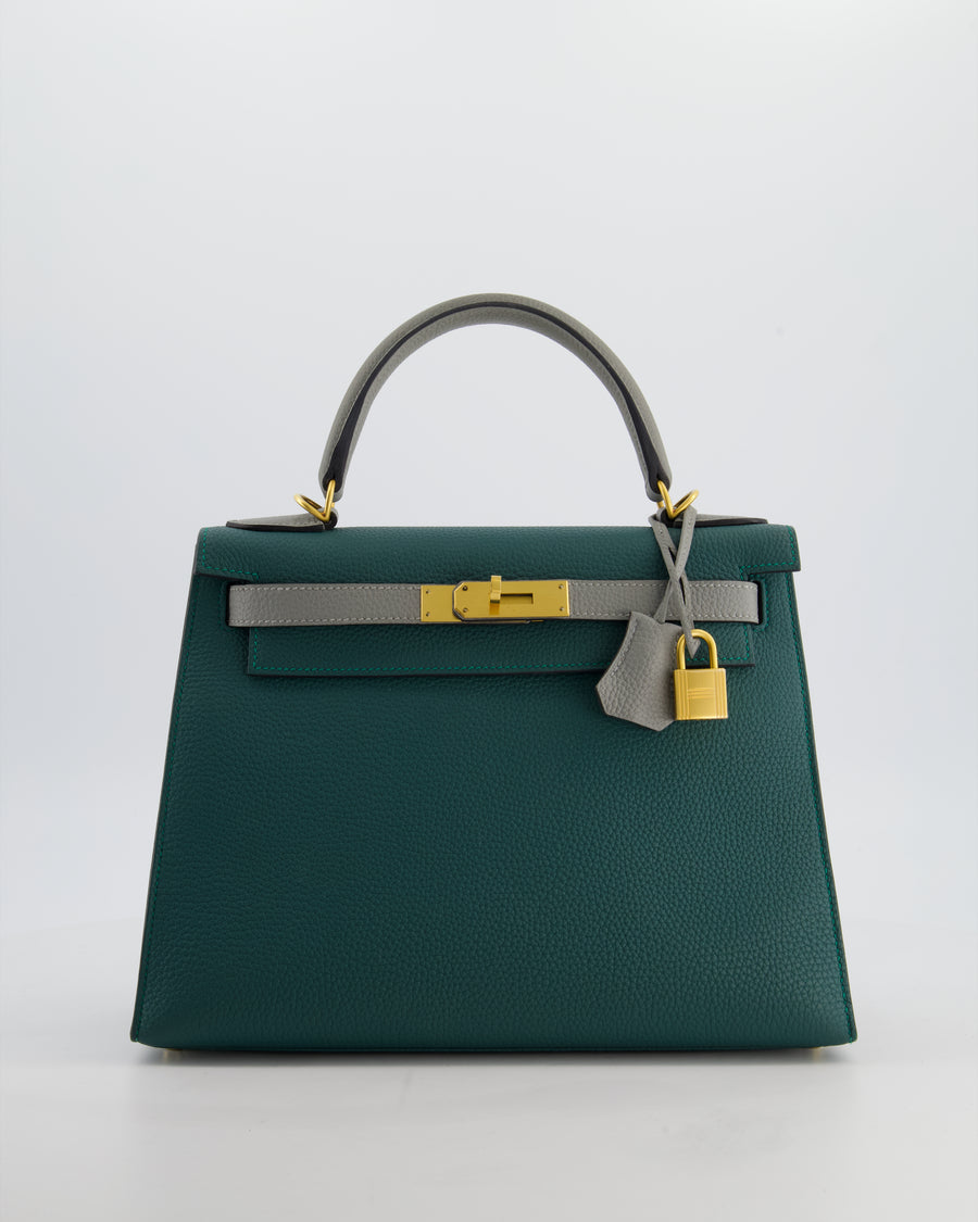 Hermès HSS Kelly 28 Sellier Bag in Malachite and Gris Mouette Togo Leather with Brushed Gold Hardware