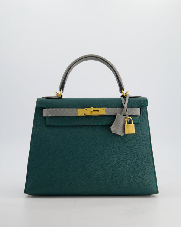 Hermès HSS Kelly 28 Sellier Bag in Malachite and Gris Mouette Togo Leather with Brushed Gold Hardware