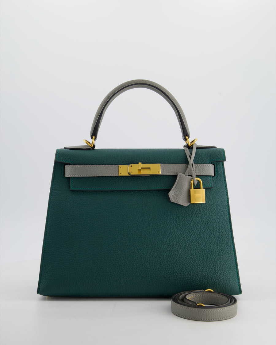 Hermès HSS Kelly 28 Sellier Bag in Malachite and Gris Mouette Togo Leather with Brushed Gold Hardware