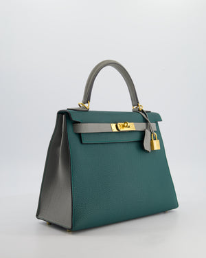 Hermès HSS Kelly 28 Sellier Bag in Malachite and Gris Mouette Togo Leather with Brushed Gold Hardware