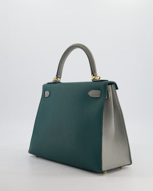 Hermès HSS Kelly 28 Sellier Bag in Malachite and Gris Mouette Togo Leather with Brushed Gold Hardware