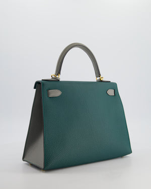 Hermès HSS Kelly 28 Sellier Bag in Malachite and Gris Mouette Togo Leather with Brushed Gold Hardware