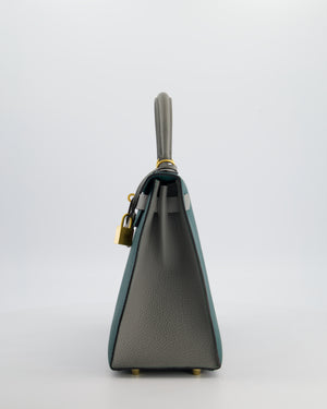 Hermès HSS Kelly 28 Sellier Bag in Malachite and Gris Mouette Togo Leather with Brushed Gold Hardware