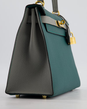 Hermès HSS Kelly 28 Sellier Bag in Malachite and Gris Mouette Togo Leather with Brushed Gold Hardware