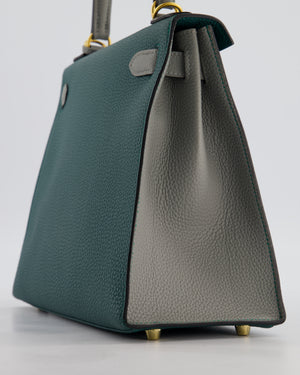 Hermès HSS Kelly 28 Sellier Bag in Malachite and Gris Mouette Togo Leather with Brushed Gold Hardware