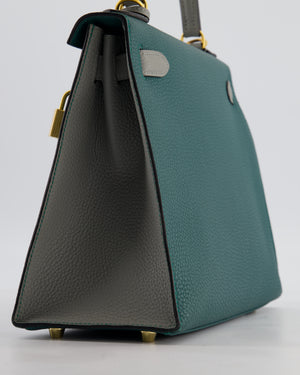 Hermès HSS Kelly 28 Sellier Bag in Malachite and Gris Mouette Togo Leather with Brushed Gold Hardware