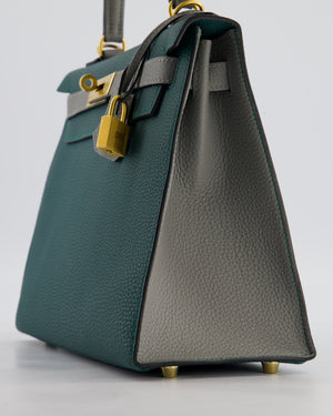 Hermès HSS Kelly 28 Sellier Bag in Malachite and Gris Mouette Togo Leather with Brushed Gold Hardware