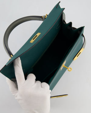 Hermès HSS Kelly 28 Sellier Bag in Malachite and Gris Mouette Togo Leather with Brushed Gold Hardware