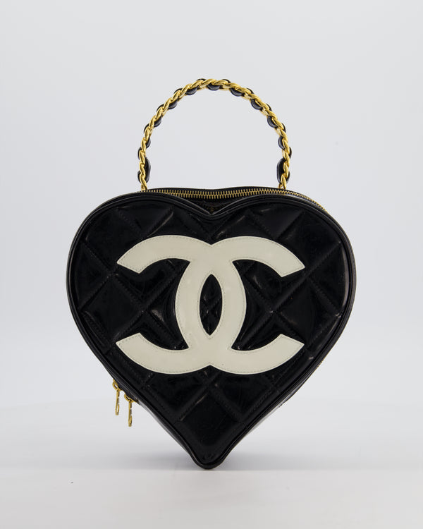 *RARE COLLECTORS ITEM* Chanel 1995 Vintage Black Heart Vanity Bag with White CC Logo and Gold Chain Handle Detail