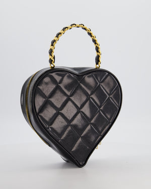 *RARE COLLECTORS ITEM* Chanel 1995 Vintage Black Heart Vanity Bag with White CC Logo and Gold Chain Handle Detail