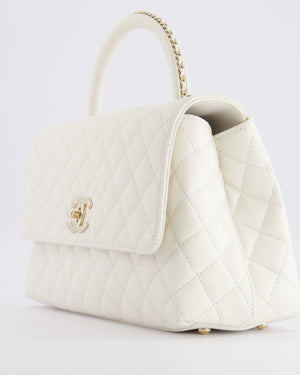 Chanel White Caviar Medium Leather Coco Top Handle Bag with Champagne Gold Hardware