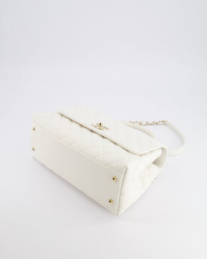 Chanel White Caviar Medium Leather Coco Top Handle Bag with Champagne Gold Hardware