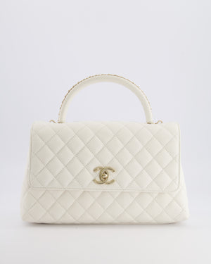Chanel White Caviar Medium Leather Coco Top Handle Bag with Champagne Gold Hardware