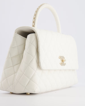Chanel White Caviar Medium Leather Coco Top Handle Bag with Champagne Gold Hardware