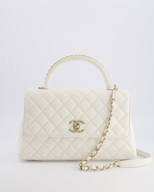 Chanel White Caviar Medium Leather Coco Top Handle Bag with Champagne Gold Hardware