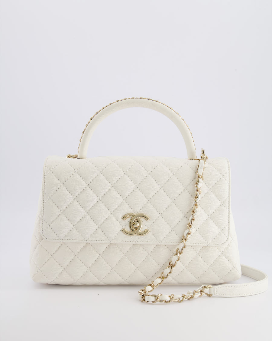 Chanel White Caviar Medium Leather Coco Top Handle Bag with Champagne Gold Hardware