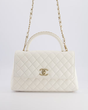 Chanel White Caviar Medium Leather Coco Top Handle Bag with Champagne Gold Hardware
